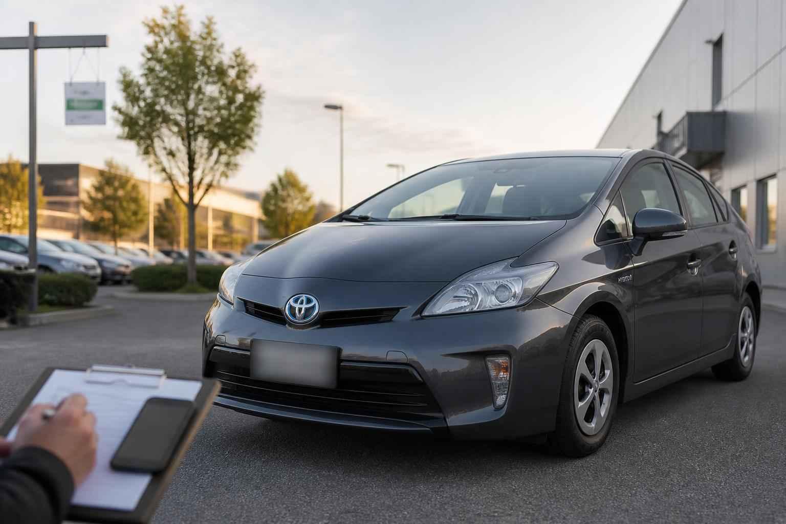 Szary Toyota Prius zaparkowany przed budynkiem, z osobą sporządzającą notatki na pierwszym planie
